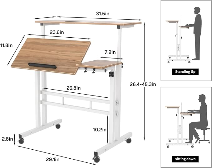 SogesHome 31.5 inches Adjustable Laptop Desk Table, Portable Computer Stand with Cart Tray and Computer Host Stand, Oak