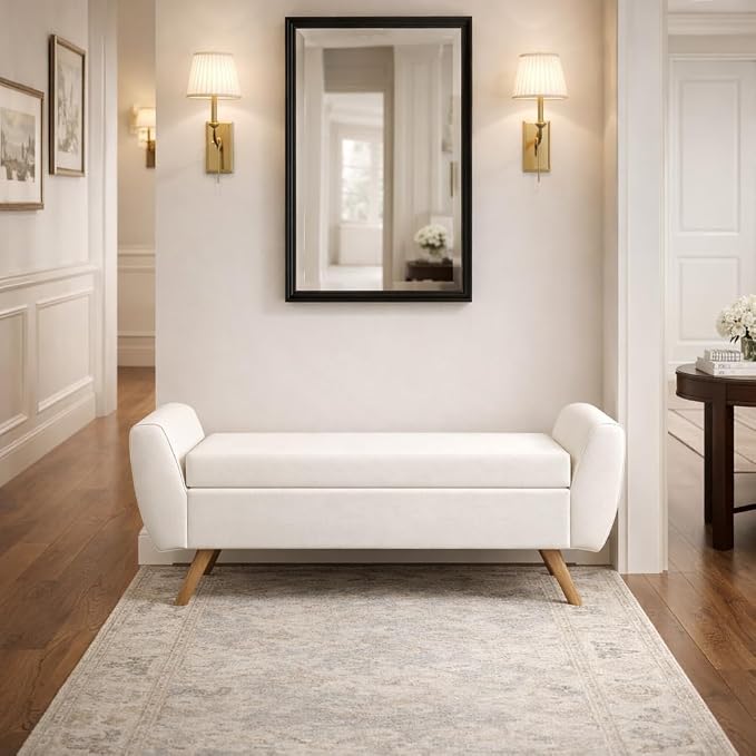 HomePop 60" Modern Storage Bench with Wood Legs - Cream Woven