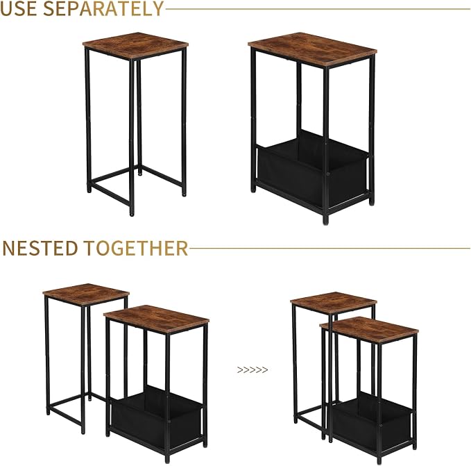 Nesting Nesting End Tables Set of 2, Stacking Side Table with Fabric Storage Basket, Small Nightstand for Small Space, Living Room, Bedroom