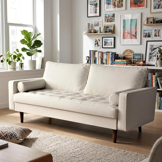 Container Furniture Direct Womble Mid Century Modern Couch with Bolster Pillows, PU Leather Upholstered Tufted Seat, Versatile Retro Design for Comfortable Living Spaces, Sofa