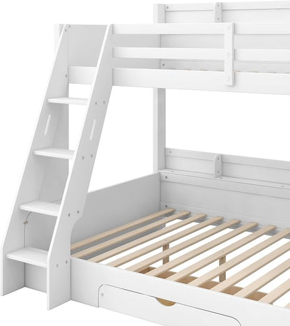 Wood Bunk Bed Twin Over Full Size with Built-in Storage Shelves and Charging Station, Versatile Bunk Bed Frame with Ladder and Guardrail for Kids Teens Adult, Maximize Space (White-5.6)