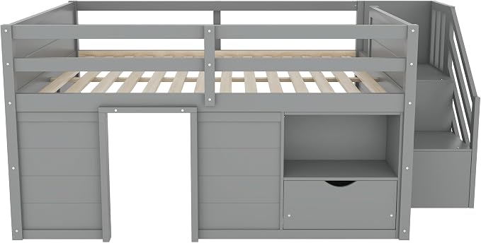 Bellemave Full Size Low loft Bed for Kids,Wood Loft Beds,Modern Farmhouse Full loft Bed,Loft Bed with Desk and Storage, No Box Spring Needed,for Kids, Gray