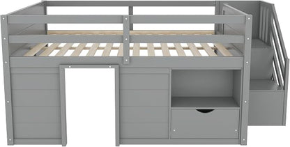 Bellemave Full Size Low loft Bed for Kids,Wood Loft Beds,Modern Farmhouse Full loft Bed,Loft Bed with Desk and Storage, No Box Spring Needed,for Kids, Gray