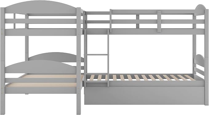 Flieks Four Bunk Bed Twin-Over-Twin-Over-Twin-Over-Twin L Shaped Bunk Bed with Trundle, Bunk Bed Can be Divided into 2 L-Shaped Beds for Accommodating 5, Family, Kids, Teens, No Box Spring Needed
