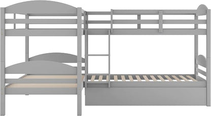 Flieks Four Bunk Bed Twin-Over-Twin-Over-Twin-Over-Twin L Shaped Bunk Bed with Trundle, Bunk Bed Can be Divided into 2 L-Shaped Beds for Accommodating 5, Family, Kids, Teens, No Box Spring Needed