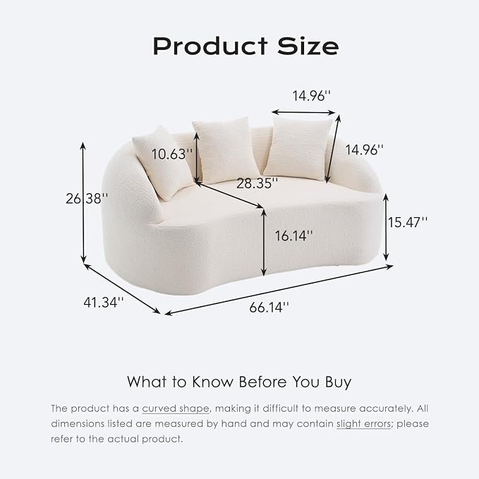 66" Curved Loveseat Sofa for Small Space, Boneless Chenille Boucle Cloud Couch, Luxury Extra High Back & Deep Seat, Oversized Comfort with No Assembly Required for Office, Dorm (Cream White)