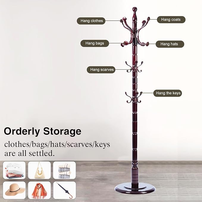 Wooden Coat Rack Freestanding, Hall Tree Hanger With Resin Hooks, Adjustable Heavy Duty Coat Rack for Hanging Clothes Bags Hats in Living Room Bedroom (coat rack, Round Base-Ruyi hook)