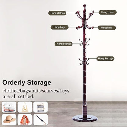 Wooden Coat Rack Freestanding, Hall Tree Hanger With Resin Hooks, Adjustable Heavy Duty Coat Rack for Hanging Clothes Bags Hats in Living Room Bedroom (coat rack, Round Base-Ruyi hook)