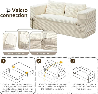 80'' Futon Sofa Bed, King Size Foldable Sleeper Sofa, Corduroy Boneless Loveseat Couch with Chaise Lounge, 3 Pillows, Blanket, Upholstered Sectional Couches for Living Room, Bedroom, Beige