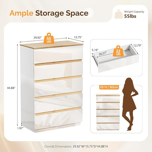 VINGLI 5 Drawer Dresser for Bedroom, 45" H Tall Dresser Chest of Drawers, High Gloss Wood Modern Storage Cabinet with Brown Top
