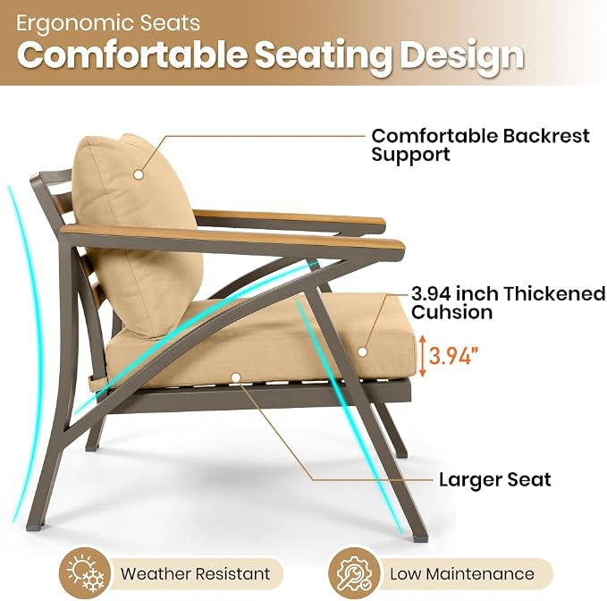 6-Piece Outdoor Patio Furniture Set, Steel Frame Sofa Set with 3-Seat Couch, 2 Armchairs, 2 Ottomans Coffee Table, Cushioned Seating for Backyard, Garden, Poolside, Brown Cushion