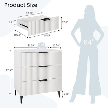 25.6" W Fluted Nightstand with 3 Drawer, Modern Wood Night Stands Bedside Table for Bedroom King/Queen Bed, End Table with Robot-Friendly Legs for Living Room,Entry (3 Drawers-1pcs-White)
