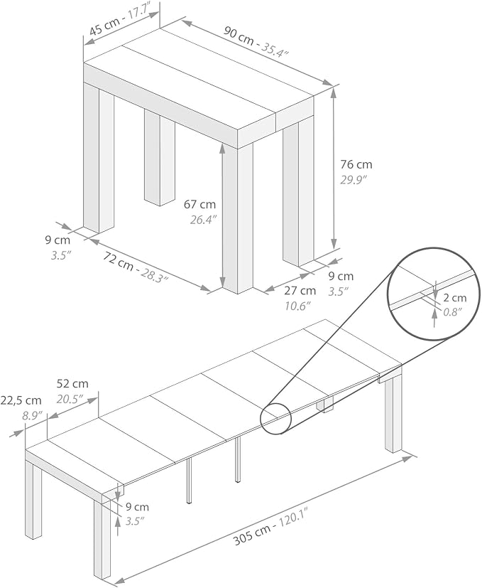 Mobili Fiver, First, Extendable Console Table 17.7(120) x35.4 in, Concrete Effect, Grey, for 4-14 People, Space-Saving Dining Table, Italian Furniture