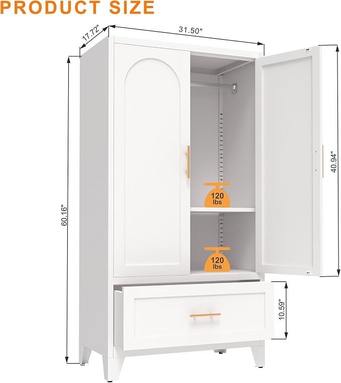 60" Tall Metal Wardrobe Cabinet with 1 Drawer and Hanging Rod, 2 Doors Wardrobe Closet with Shelf for Bedroom, Office, Laundry Room,Entryway,Foyer,Guesthouse White
