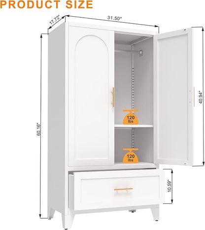 60" Tall Metal Wardrobe Cabinet with 1 Drawer and Hanging Rod, 2 Doors Wardrobe Closet with Shelf for Bedroom, Office, Laundry Room,Entryway,Foyer,Guesthouse White