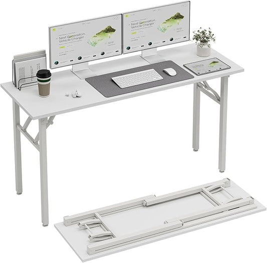TEMI Long Computer Desk Folding Table - 55.1" Foldable Office Desk, No Assembly, Perfect Writing Table for Bedroom or Apartment, Portable Large Desk or Study Table with Compact Design, White Ash