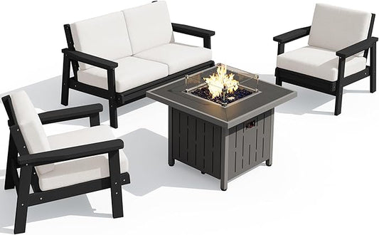 SERWALL Patio Furniture Set with 33” Fire Pit Table, HDPE Outdoor Sectional Sofa Set with Thickened Cushions, Black Frame with Khaki Cushions