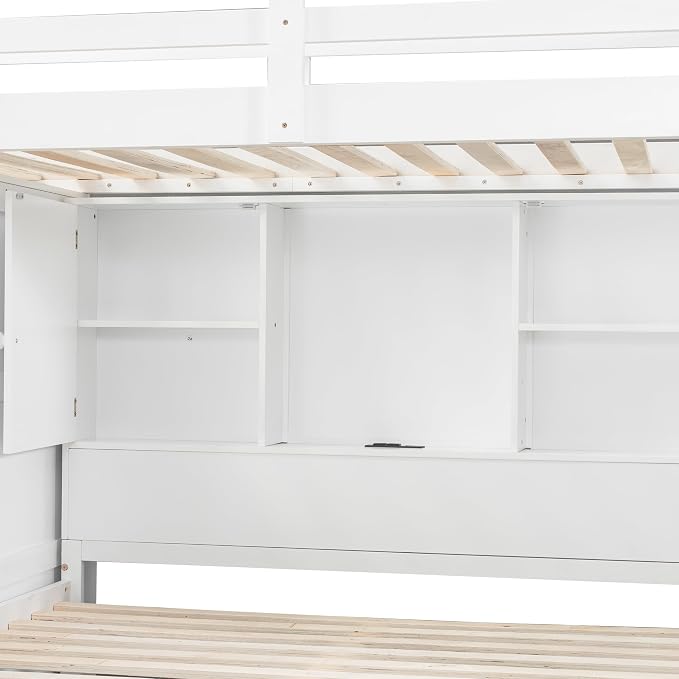 RUNNA Twin Over Full Bunk Bed with Storage Stairs,USB,Light,White | Twin over full bunk bed with storage stairs, USB charging station, light, solid wood, guardrails, no box spring needed, white