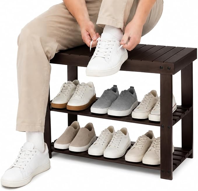 Shoe Rack Bench, 3-Tier Shoe Storage Organizer for Entryway , Shoe Shelf for Small Spaces, Multi-Functional Side Table Plant Stand, Shoe Stand for Bedroom, Living Room, Closet, Front Door, Brown