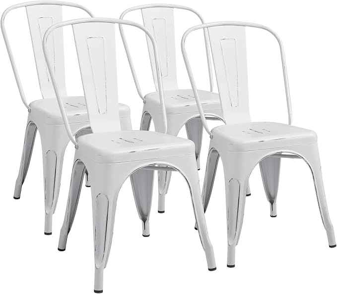 Furmax Metal Dining Chair Indoor Outdoor Use Stackable Chic Side Classic Trattoria Metal Chairs Set of 4 for Kitchen, Dining Room, Bistro and Cafe (Distressed White)
