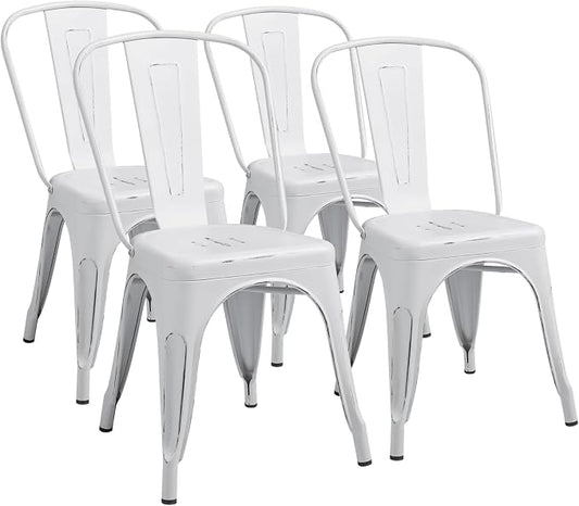 Furmax Metal Dining Chair Indoor Outdoor Use Stackable Chic Side Classic Trattoria Metal Chairs Set of 4 for Kitchen, Dining Room, Bistro and Cafe (Distressed White)
