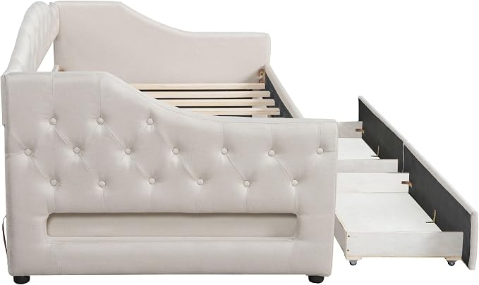 Merax Modern Upholstered Platform Bed Frame with Storage Drawers, Linen Sofa Day Bed, No Box Spring Needed/Easy Assemble/Twin XL, Beige