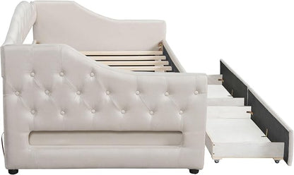 Merax Modern Upholstered Platform Bed Frame with Storage Drawers, Linen Sofa Day Bed, No Box Spring Needed/Easy Assemble/Twin XL, Beige