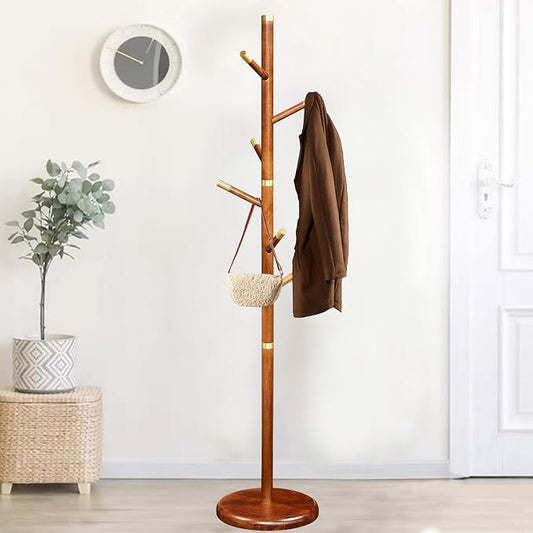 Wooden Coat Rack Freestanding, Hall Tree Hanger With Resin Hooks, Adjustable Heavy Duty Coat Rack for Hanging Clothes Bags Hats in Living Room Bedroom (coat rack, Simple Hook)