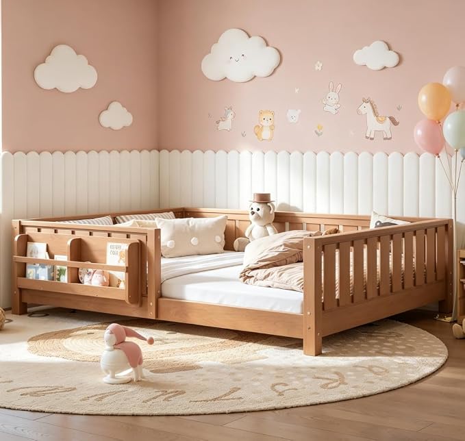 Bellemave Full Size Floor Bed with high Rails and with Built-in Bookshelf for Kids, Girls, Boys, Wood Montessori Floor Bed Without Door, Natural