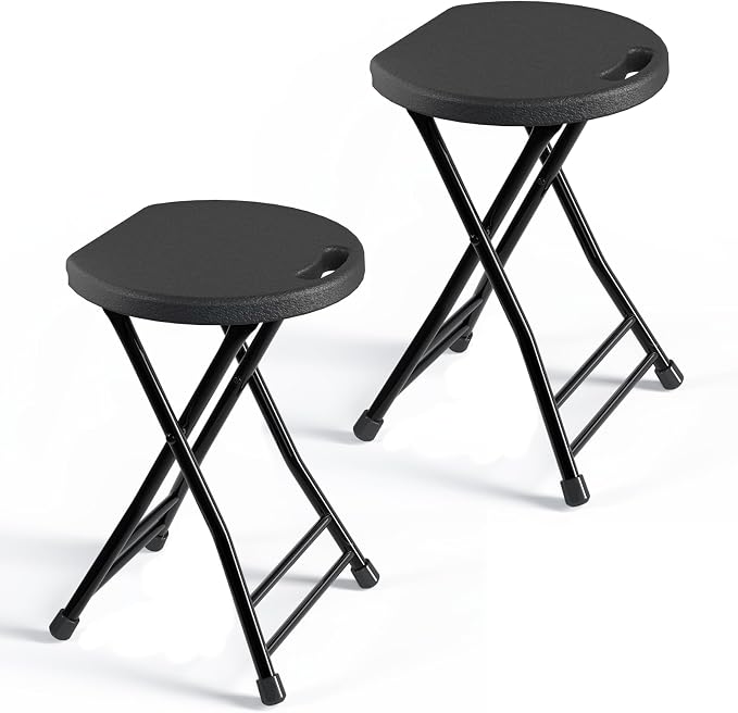 Folding Stool, 18 Inch Foldable Stool with Handle & Steel Frame, Pack of 2 Folding Bar Stools, 440lbs Sturdy Foldable Lightweight Metal Chair for Camping, Indoor and Outdoor, Black