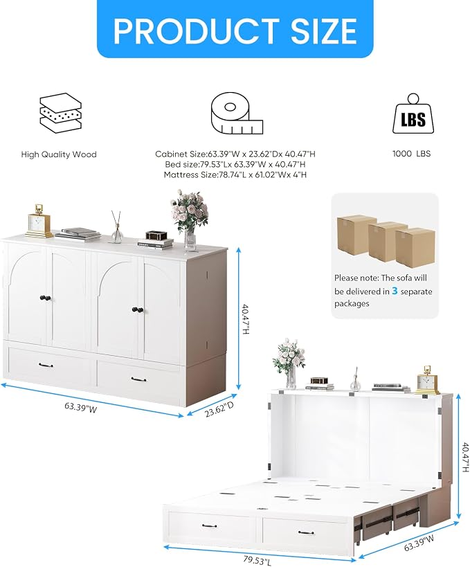 PUREMIND Murphy Bed Queen, Arched Frames Cabinet Beds Chest with Charging Station & Storage Drawers, Convertible Hideaway Cabinet Bed for Guest Room, White, Without Mattress