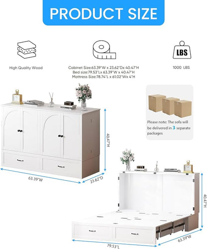 PUREMIND Murphy Bed Queen, Arched Frames Cabinet Beds Chest with Charging Station & Storage Drawers, Convertible Hideaway Cabinet Bed for Guest Room, White, Without Mattress