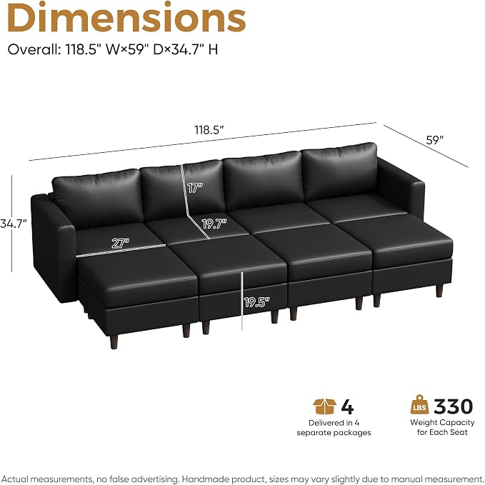 ABCASA 118.5" Faux Leather Oversized Sleeper Sofa Bed with Storage Seat, 8 Seat Modular Sectional Couch Deep Seat with Reversible Chaises & Movable Ottoman - Black