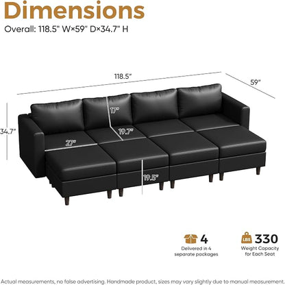 ABCASA 118.5" Faux Leather Oversized Sleeper Sofa Bed with Storage Seat, 8 Seat Modular Sectional Couch Deep Seat with Reversible Chaises & Movable Ottoman - Black