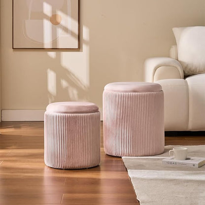 BLEXA Round Set of 2 Ottoman with Storage-Upholstered Velvet Vanity Stool for Makeup Multifunctional Ottomans Coffee Table Padded Seat Foot Rest for Living Room&Bedroom(Pink)