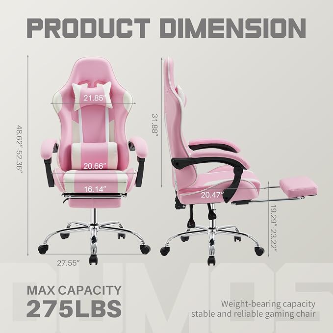 DUMOS Ergonomic Gaming Office Desk Chair with Footrest and Headrest for Adults, PU Leather Video Computer Chair with Linkage Armrests, Height Adjustable 360° Swivel Recling, White Pink