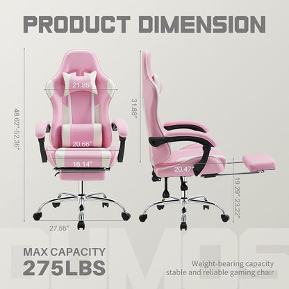 DUMOS Ergonomic Gaming Office Desk Chair with Footrest and Headrest for Adults, PU Leather Video Computer Chair with Linkage Armrests, Height Adjustable 360° Swivel Recling, White Pink