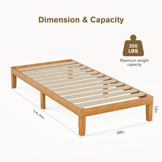 Sweetcrispy Twin Size Bed Frame 12 inch Heavy Duty Platform Bedframe, 500 lbs Capacity, Underbed Storage, No Box Spring Needed, Wooden Slats, Easy Assembly with Velcro, Honey Finish
