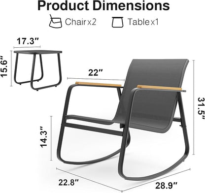 Aiho 3 Piece Rocking Bistro Set, Textilene Fabric Patio Furniture Set, Front Porch Rocker Chairs with Coffee Table for Lawn, Garden, Balcony, Poolside (Black)