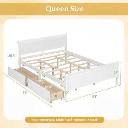 Giantex Queen Bed Frame with 2 Storage Drawers, Wood Platform Bed w/Headboard & Footboard, Wooden Slats Support Mattress Foundation, Sleigh Bedframe for Teens Adults, No Box Spring Needed (White)