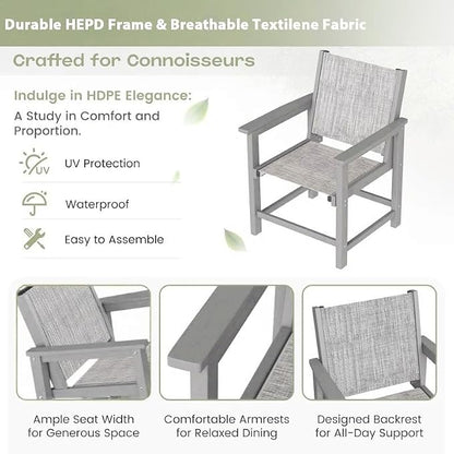 UDPATIO HDPE Patio Dining Chairs Set of 2 with Teslin Fabric Heavy Duty Outdoor Chairs All-Weather Resistant Seating for Poolside, Deck, Garden, Backyard, Light-Grey