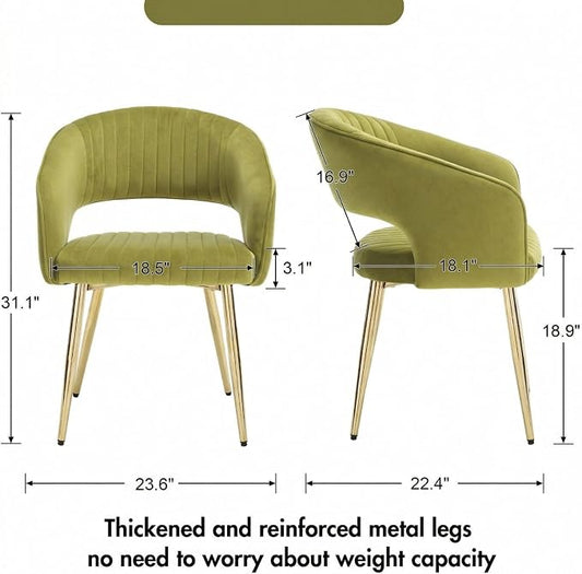 Hyfirm Green Velvet and Gold Dining Chairs, Set of 6 Modern Upholstered Arm Chairs with Hollow Backrest, Tufted Accent Side Chair with Sturdy Metal Legs for Dining Room, Living Room, Kitchen, Salon