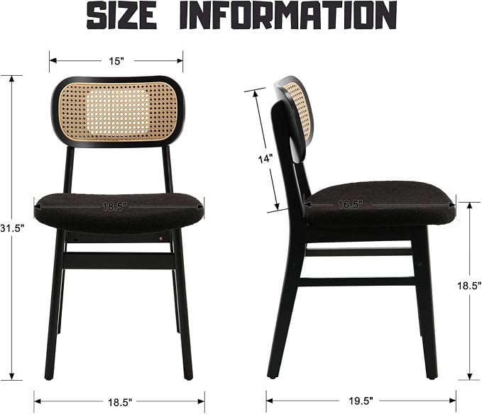 ROCITY Black Rattan Dining Chairs Set of 6 Lambswool Dining Room Chairs Natural Wooden Kitchen Chairs Farmhouse Boho Side Chairs