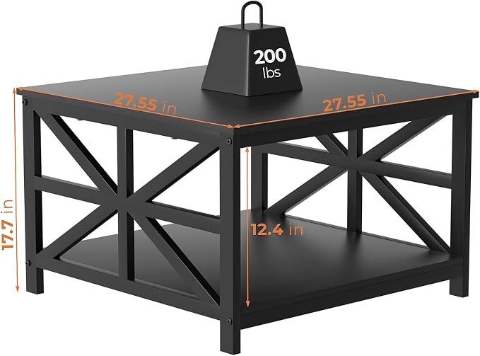 GreenForest Modern Living Room Coffee Table with 2 Tier Storage | X Metal Frame Square Center Table with Seamless One-Piece Tabletop,27.55 inch Sofa Table,Scratch-resistant,Black