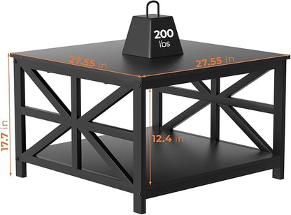 GreenForest Modern Living Room Coffee Table with 2 Tier Storage | X Metal Frame Square Center Table with Seamless One-Piece Tabletop,27.55 inch Sofa Table,Scratch-resistant,Black