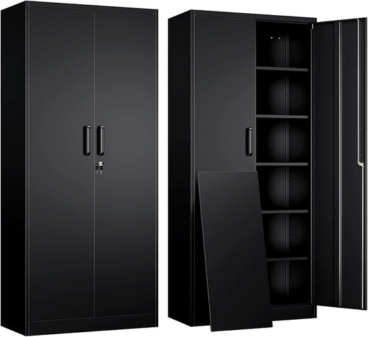 Yizosh Metal Garage Storage Cabinet with 2 Doors and 5 Adjustable Shelves - 71" Steel Lockable File Cabinet,Locking Tool Cabinets for Office,Home,Garage,Gym,School (Black)