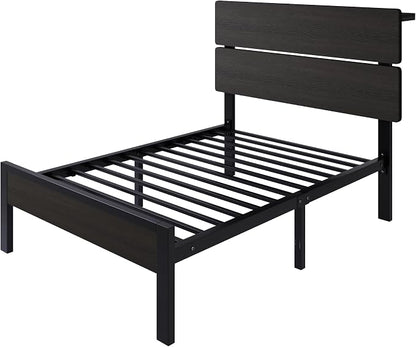 SHA CERLIN Twin Size Bed Frame with Led Light & Built-in Charging Station, Wooden Headboard with Storage Shelf, Metal Platform Bed, Under Bed Storage, No Box Spring Needed, Noise Free, Black