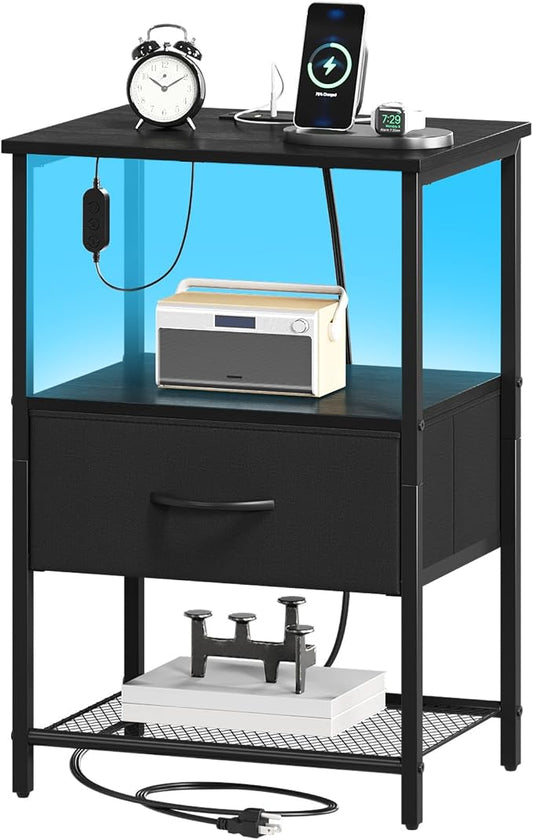Somdot Nightstand with Charging Station and LED Light for Bedroom, Bedside Table End Table for Dorm Guest Room Bedside Kids Laundry Closet Entryway Hallway, Black