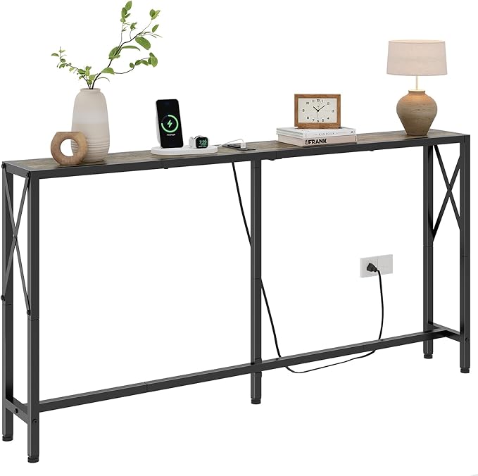 Gewudraw Sofa Table with Oulets and USB Ports, 55.1" Couch Table Behind Sofa, Industrial Long Skinny Stand for Hallway, Living Room, Bedroom, 6.5 Feet Power Cord