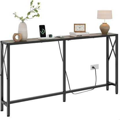 Gewudraw Sofa Table with Oulets and USB Ports, 55.1" Couch Table Behind Sofa, Industrial Long Skinny Stand for Hallway, Living Room, Bedroom, 6.5 Feet Power Cord